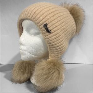 Jiayi Angora Pom Pom Earflap Hat Beige Knit Faux Fur Lined Winter OS